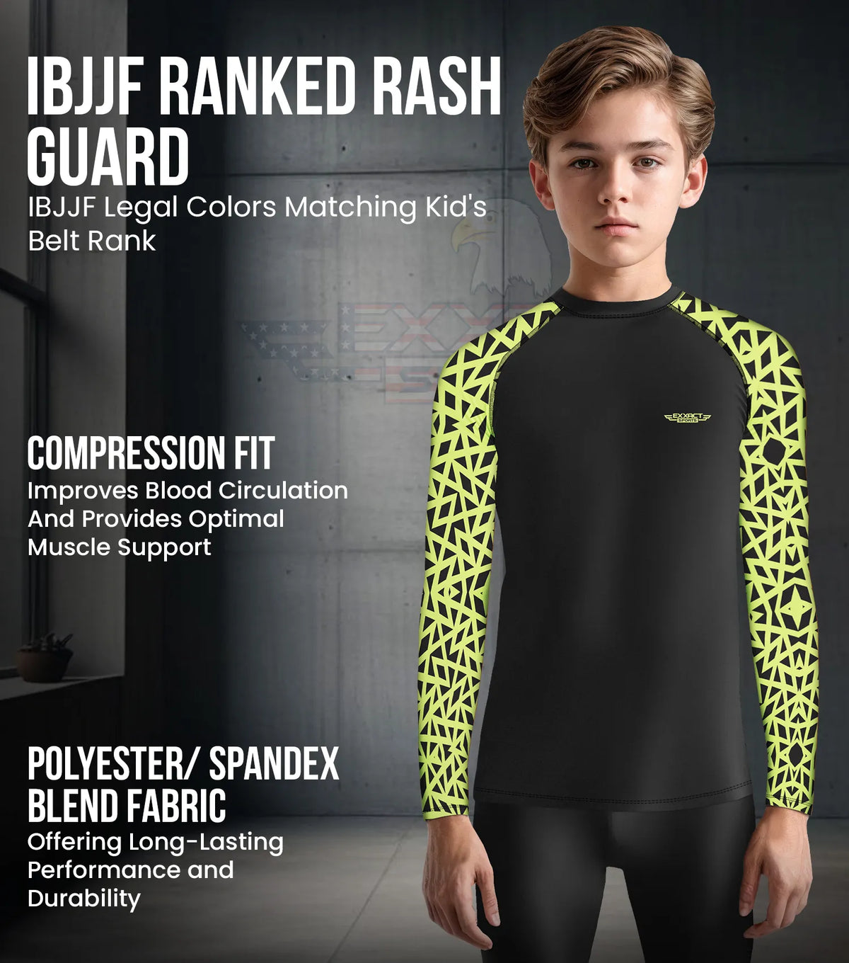 Exxact Sports Kids Bjj Rash Guard Long Sleeve - Neon Green