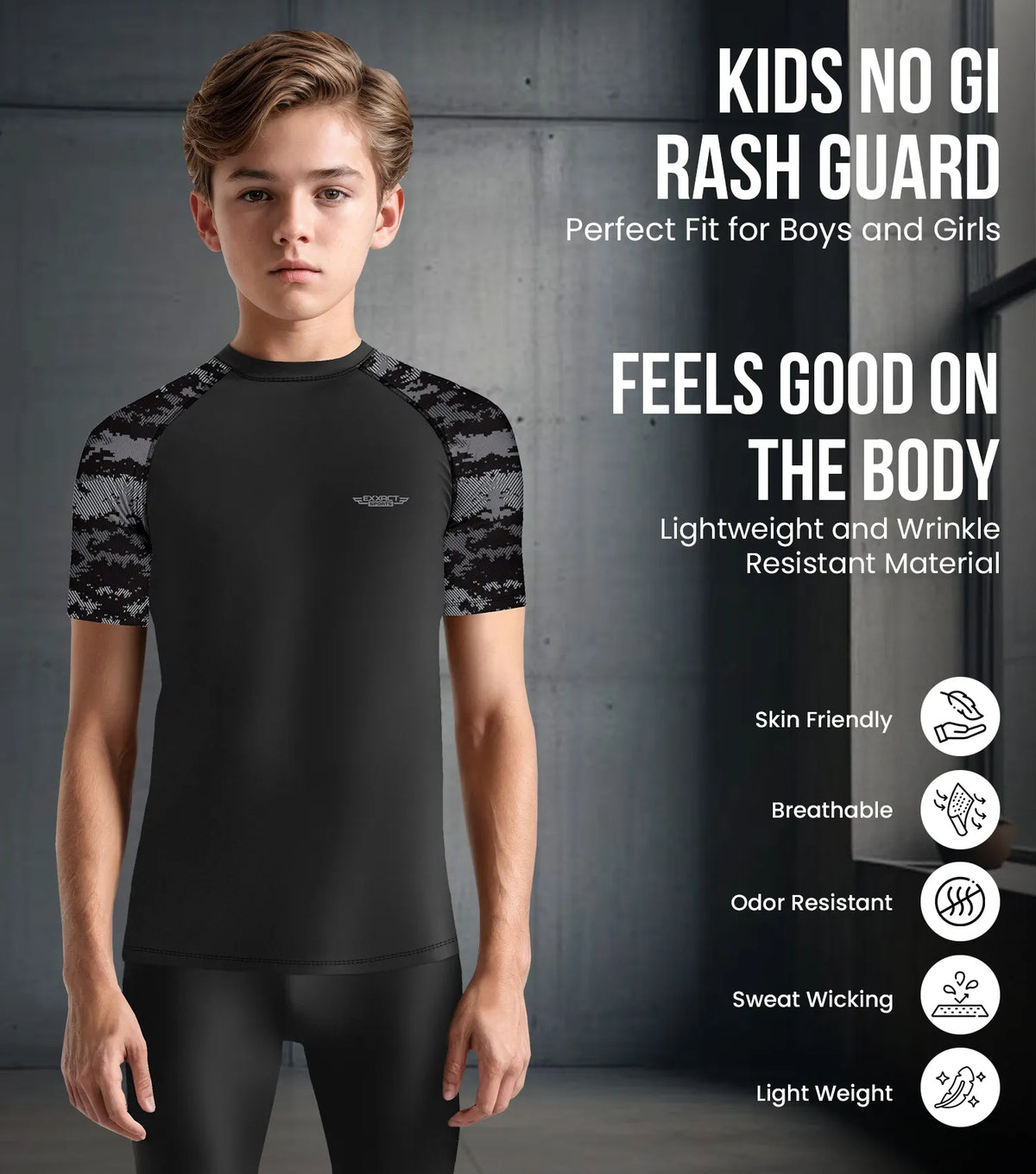 Exxact Sports Kids Bjj Rash Guard Short Sleeve - Black Camo