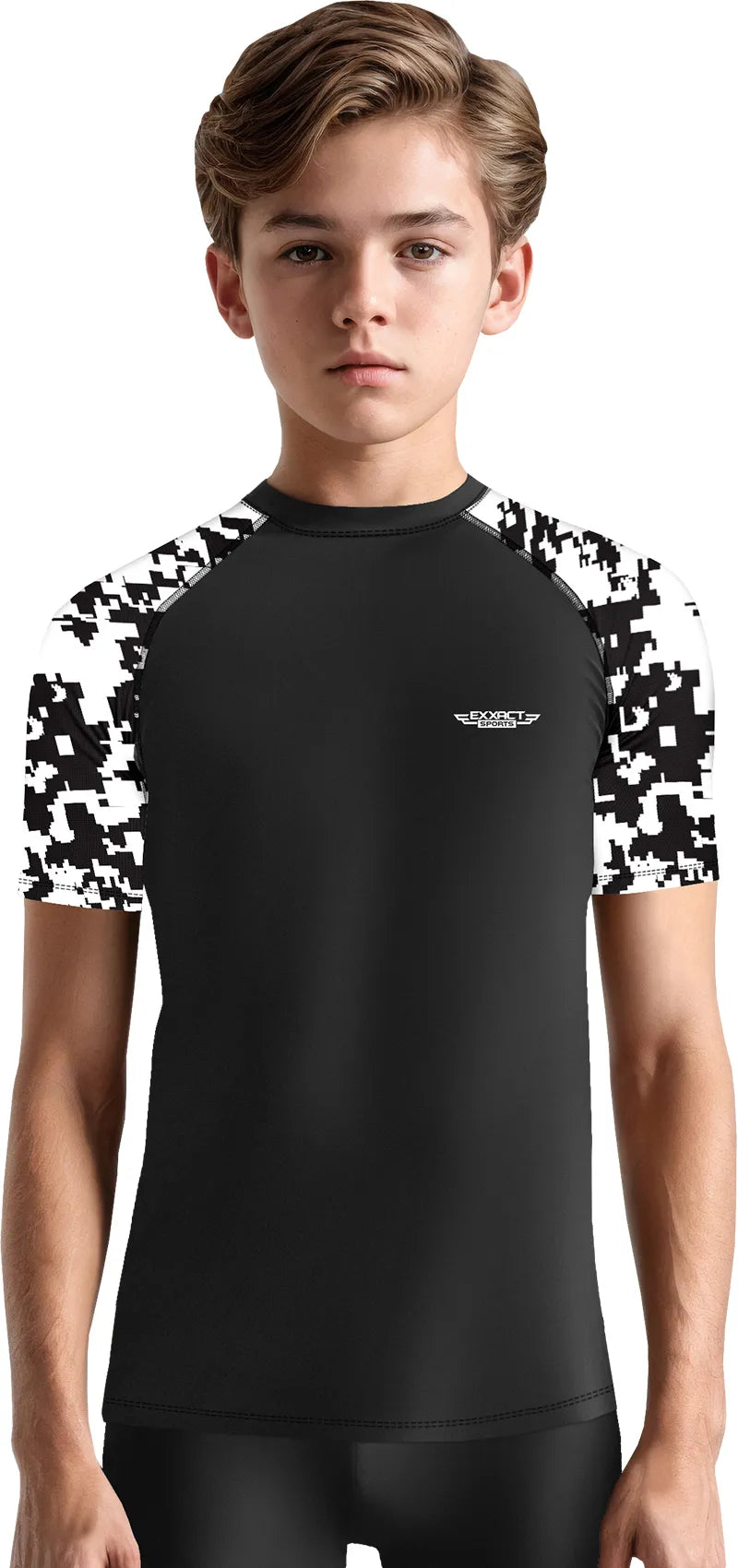 Exxact Sports Kids Bjj Rash Guard Short Sleeve - Black & White Camo