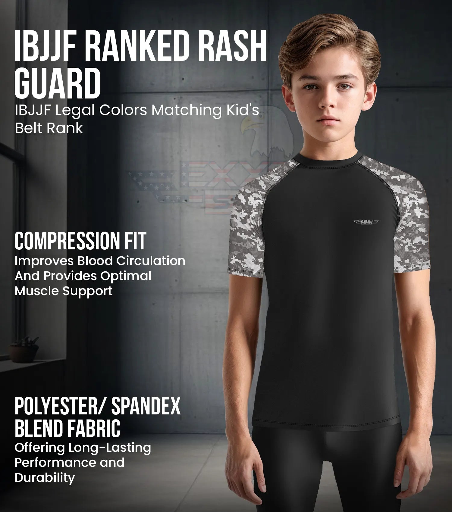 Exxact Sports Kids Bjj Rash Guard Short Sleeve - Gray Camo