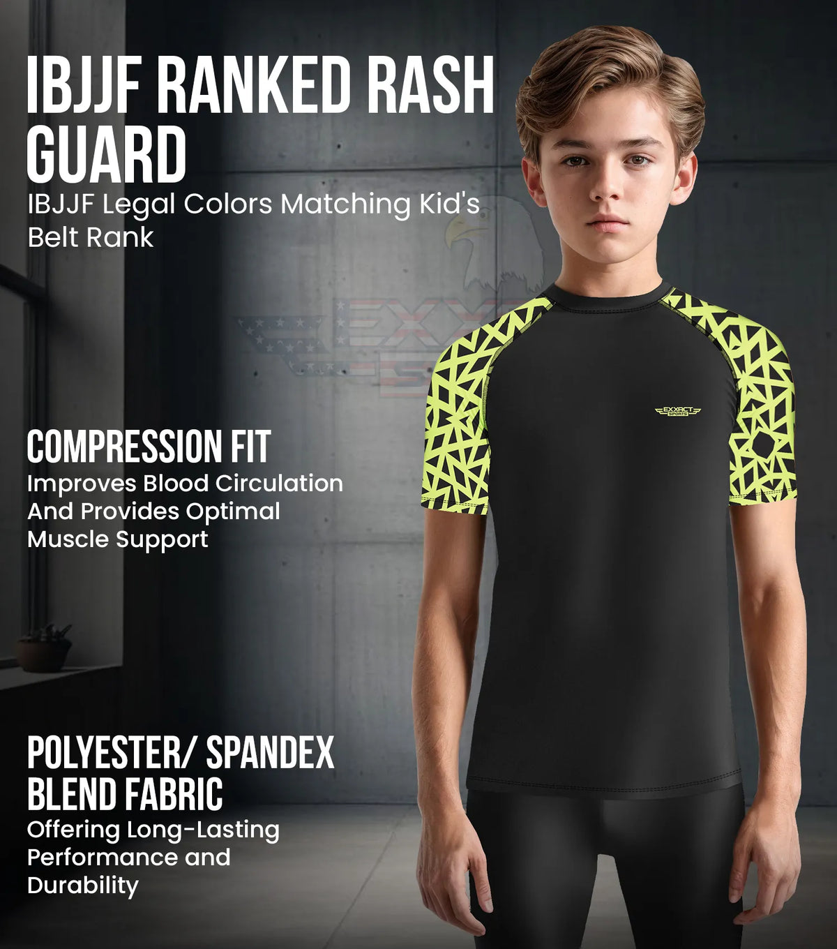 Exxact Sports Kids Bjj Rash Guard Short Sleeve- Neon Green