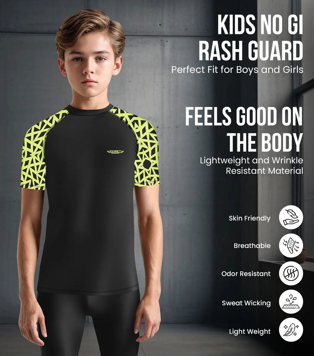 Exxact Sports Kids Bjj Rash Guard Short Sleeve- Neon Green