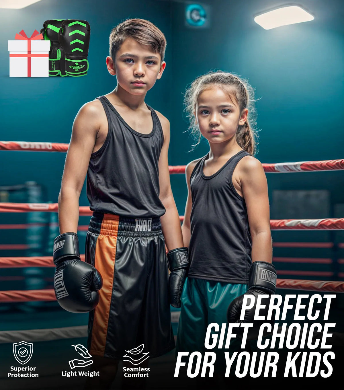Exxact Sports Kids Knockout Boxing Gloves with Padded Protection - Black Green