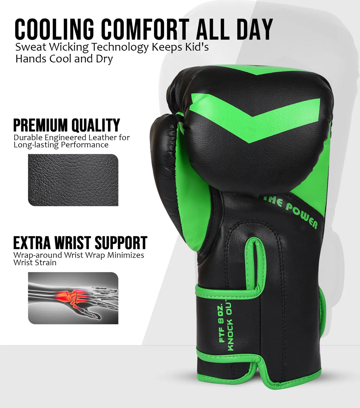 Exxact Sports Kids Knockout Boxing Gloves with Padded Protection - Black Green