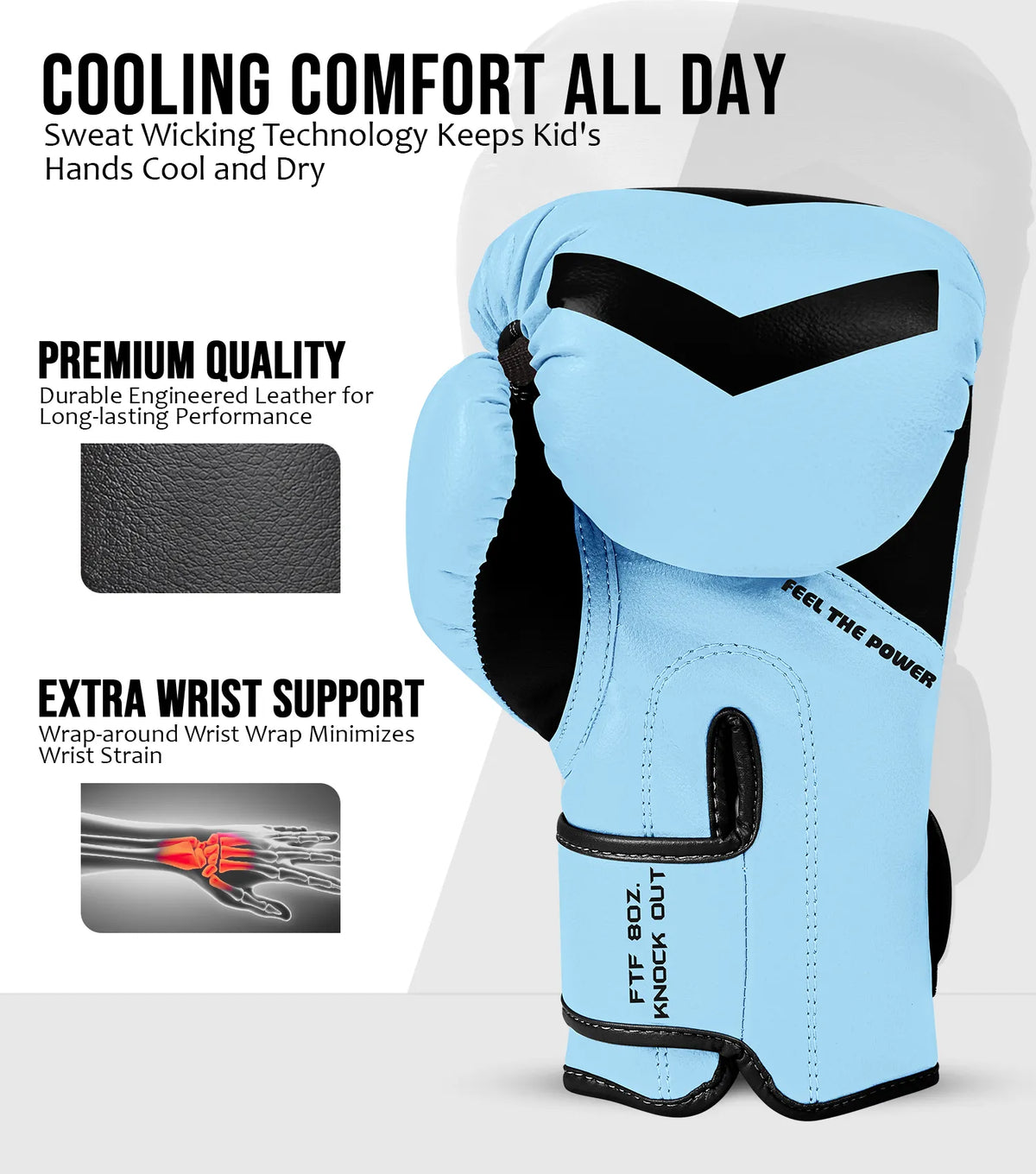 Exxact Sports Kids Knockout Boxing Gloves with Padded Protection - Baby Blue Balck
