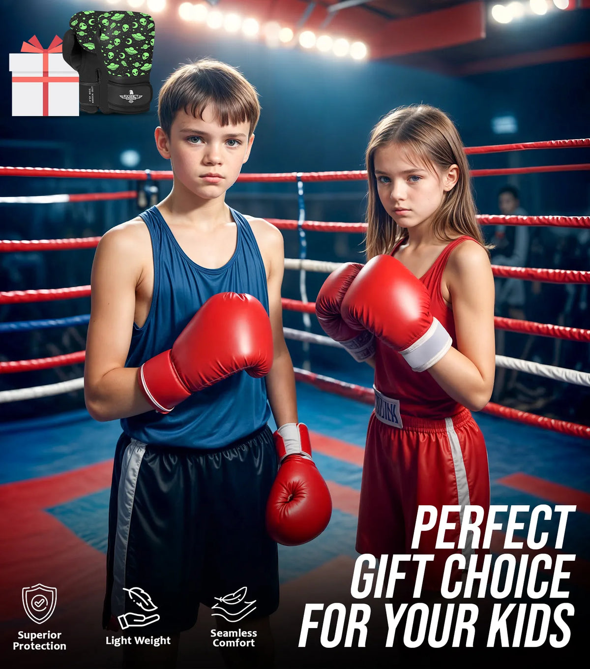 Exxact Sports Kids Printed Knockout Boxing Gloves with Padded Protection - Alien