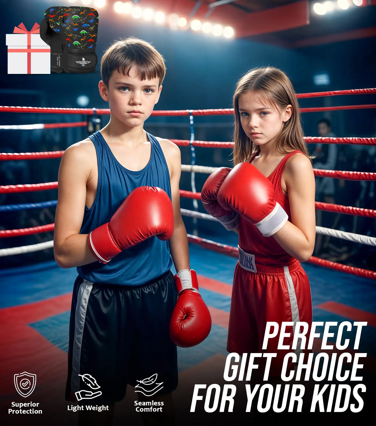 Exxact Sports Kids Printed Knockout Boxing Gloves with Padded Protection - Dinosaur