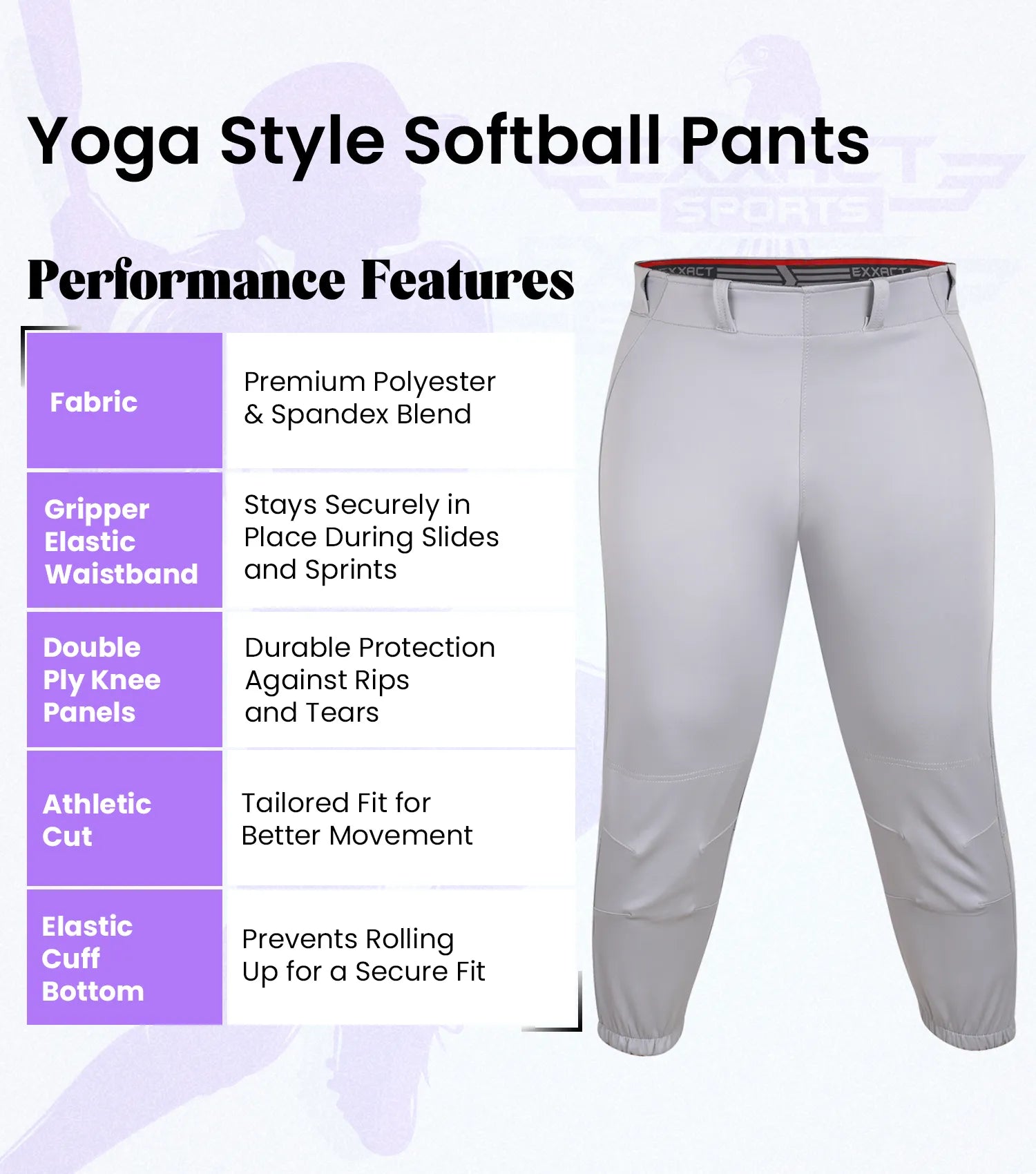 Exxact Sports Knicker Yoga Style Softball Pants for Girls - Gray