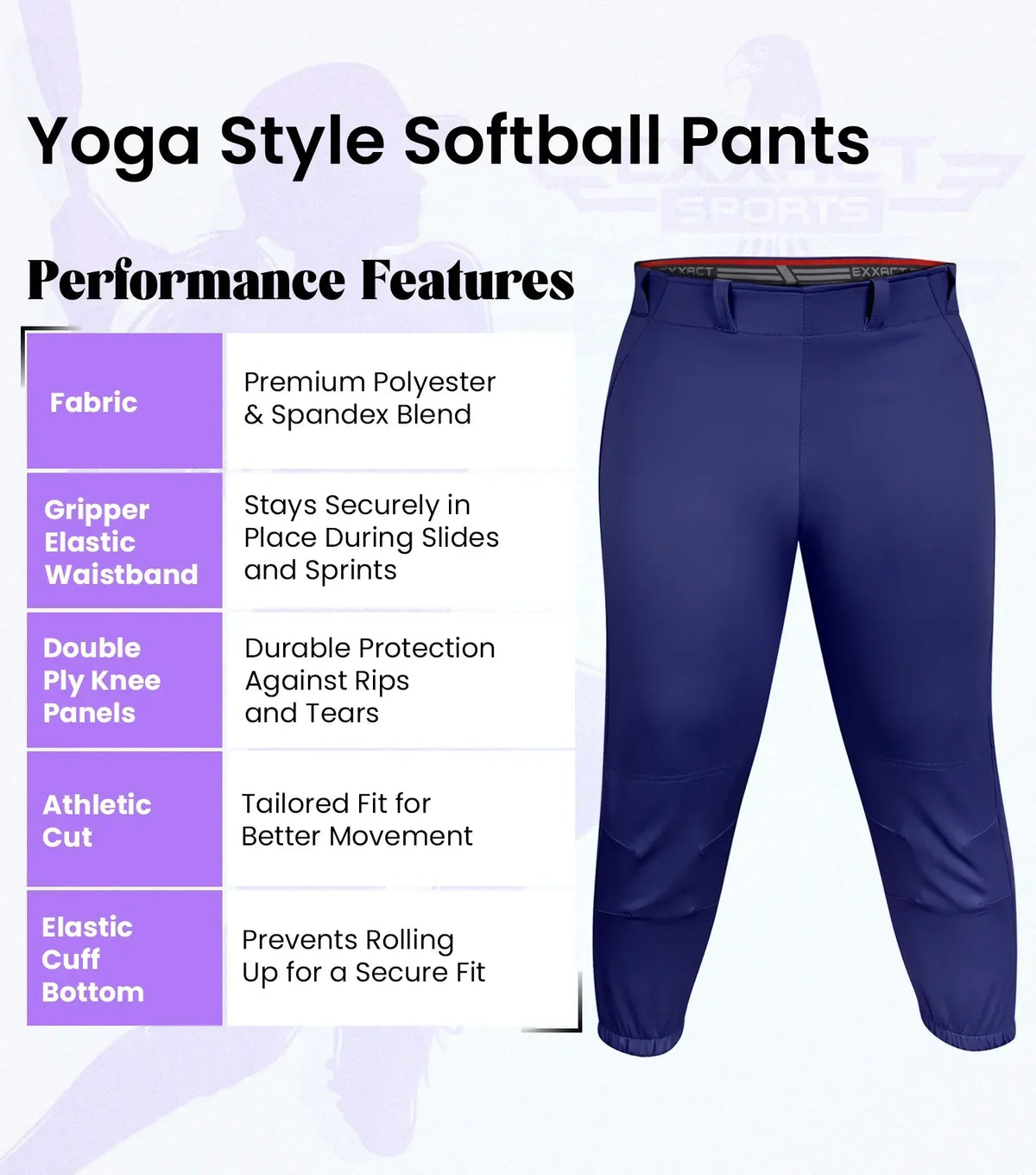 Exxact Sports Knicker Yoga Style Softball Pants for Girls - Navy