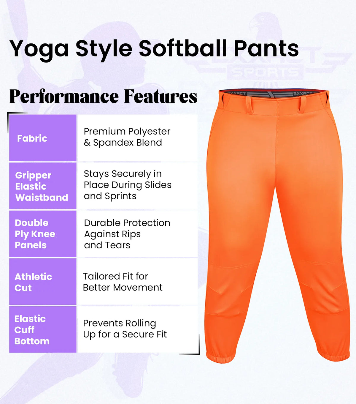 Exxact Sports Knicker Yoga Style Softball Pants for Girls - Orange