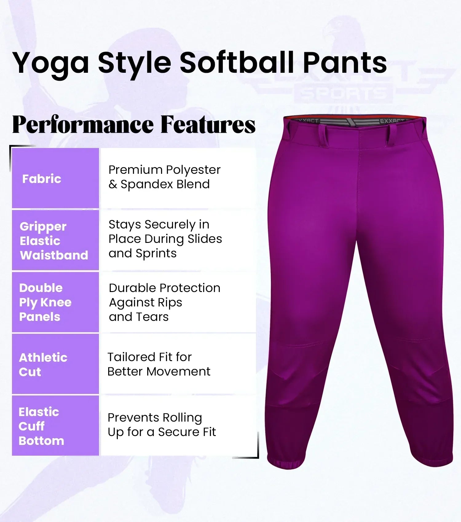 Exxact Sports Knicker Yoga Style Softball Pants for Girls - Purple