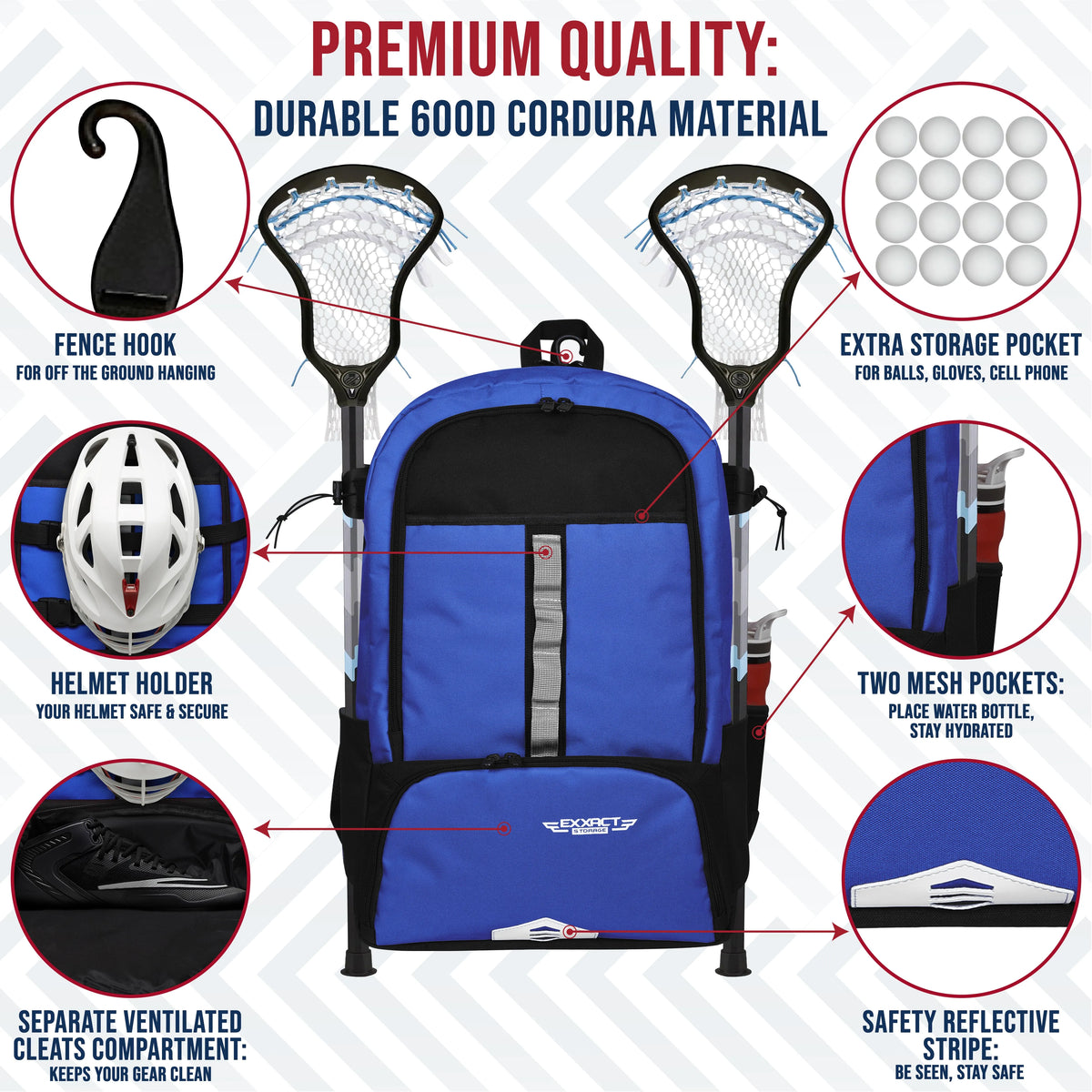 Exxact Sports Lacrosse Bag with Two Stick Holders and Cleats Compartment - Royal Blue