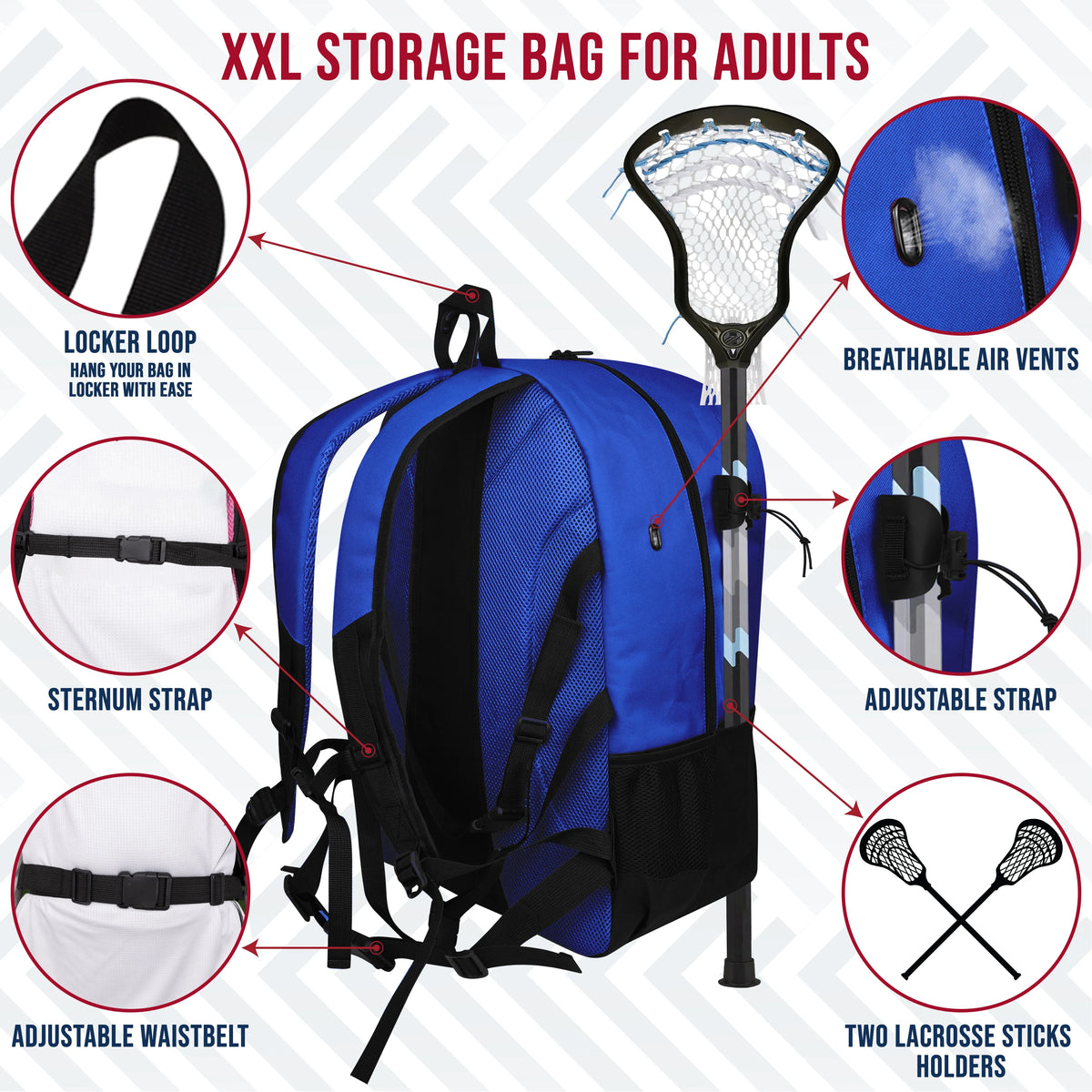 Exxact Sports Lacrosse Bag with Two Stick Holders and Cleats Compartment - Royal Blue