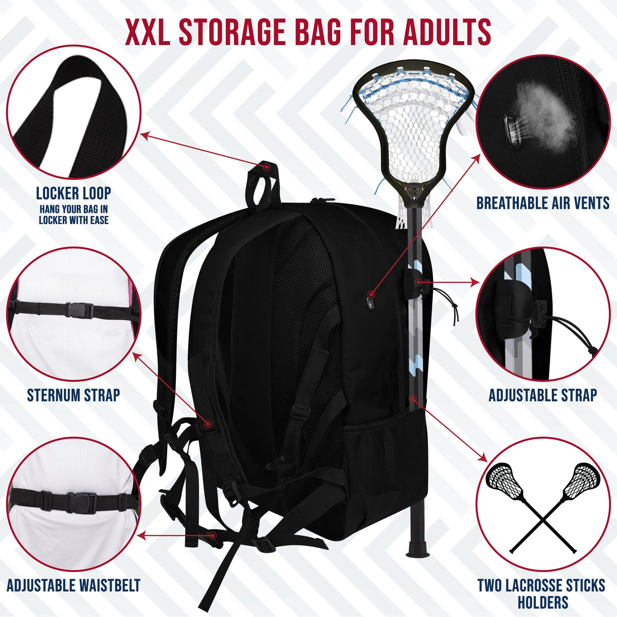 Exxact Sports Lacrosse Bag with Two Stick Holders and Cleats Compartment - Black