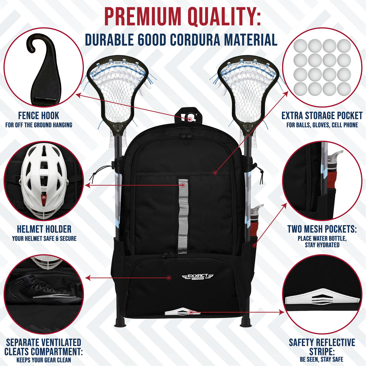 Exxact Sports Lacrosse Bag with Two Stick Holders and Cleats Compartment - Black