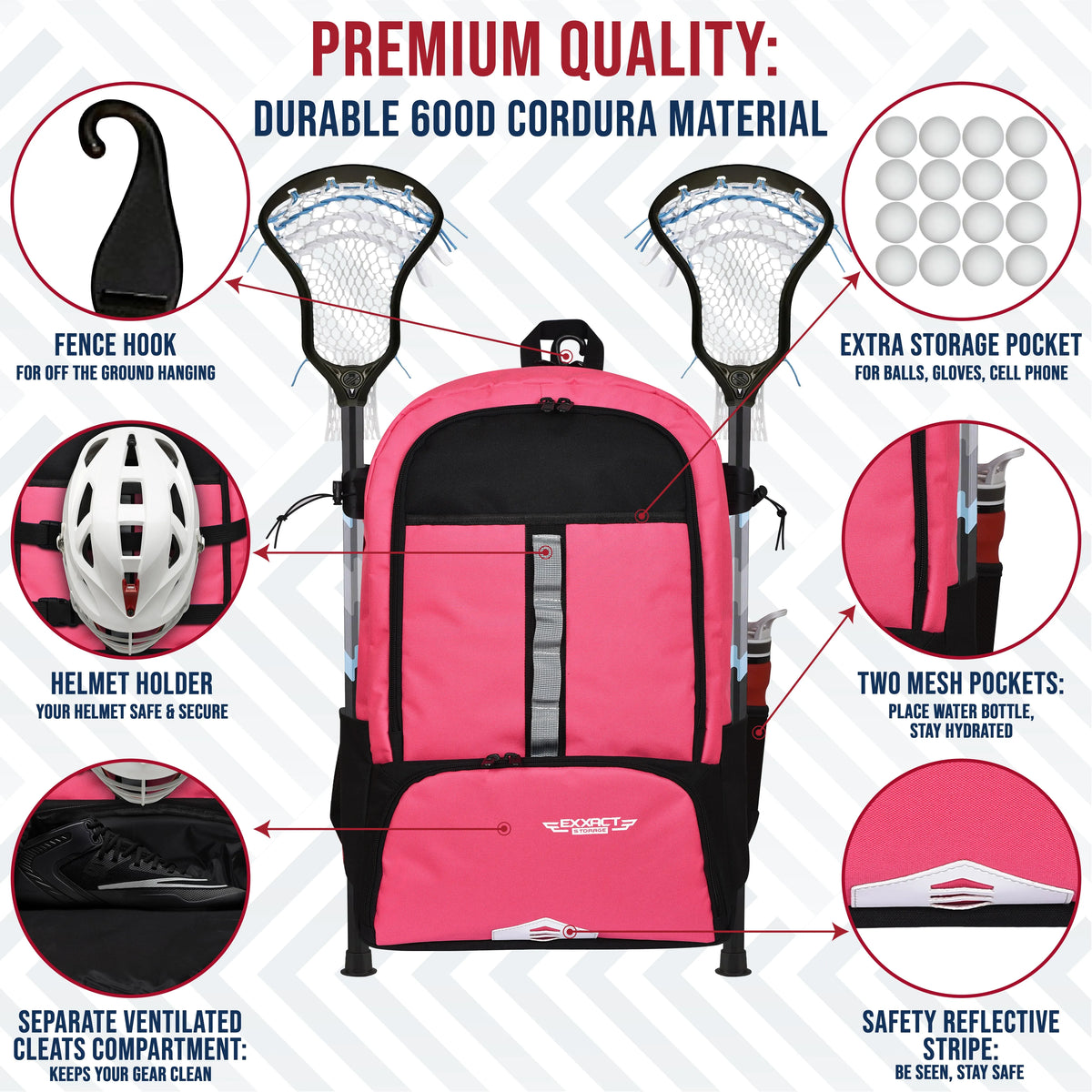 Exxact Sports Lacrosse Bag with Two Stick Holders and Cleats Compartment - Pink