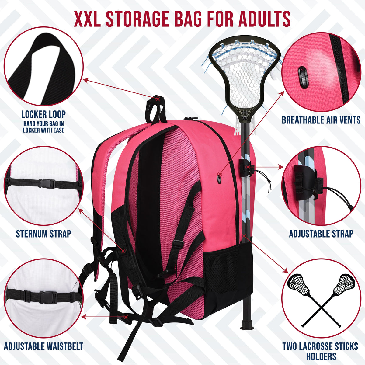 Exxact Sports Lacrosse Bag with Two Stick Holders and Cleats Compartment - Pink