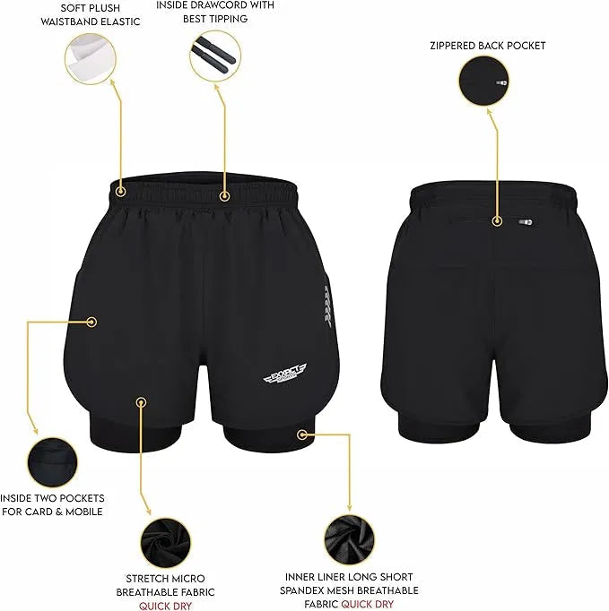 Exxact Sports Men’s 2 in 1 Athletic Shorts with Compression Liner - Black