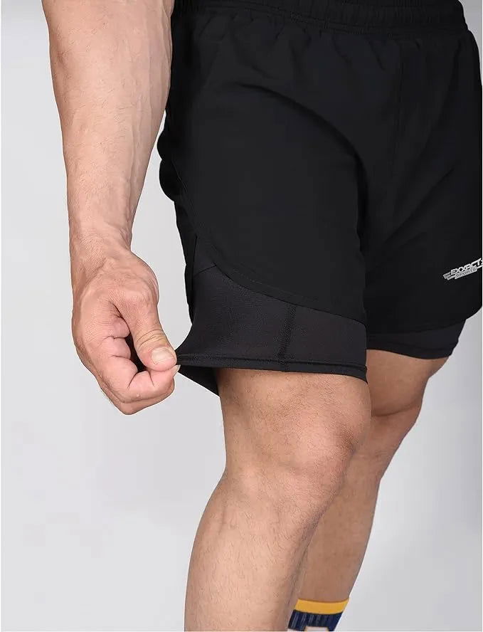 Exxact Sports Men’s 2 in 1 Athletic Shorts with Compression Liner - Black - Small