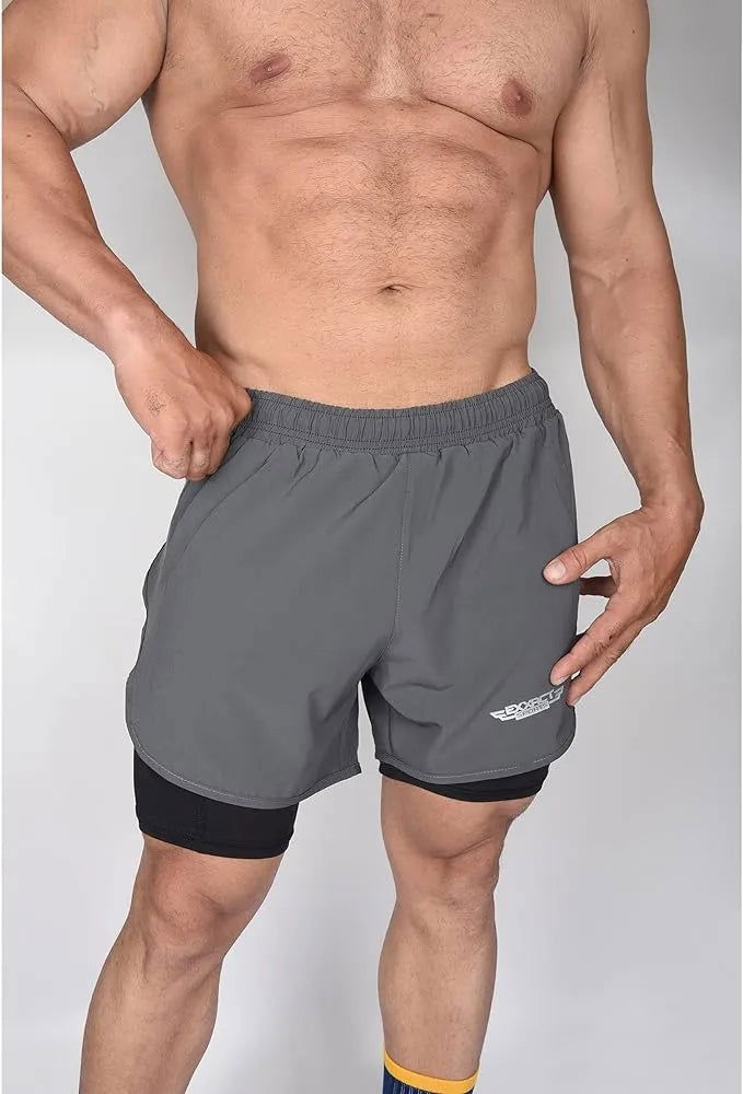 Exxact Sports Men’s 2 in 1 Athletic Shorts with Compression Liner - Charcoal