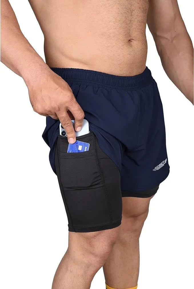 Exxact Sports Men’s 2 in 1 Athletic Shorts with Compression Liner - Navy - Small