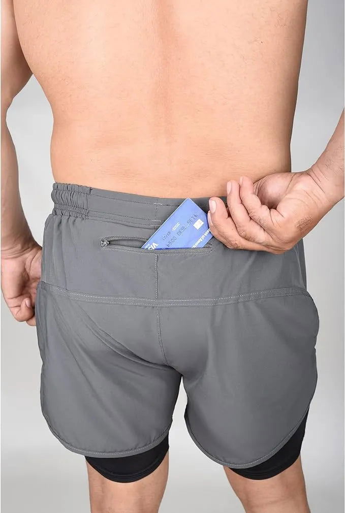 Exxact Sports Men’s 2 in 1 Athletic Shorts with Compression Liner - Charcoal