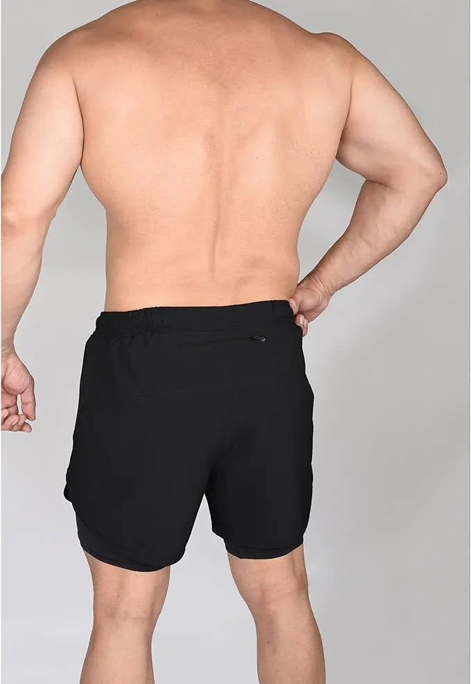 Exxact Sports Men’s 2 in 1 Athletic Shorts with Compression Liner - Black