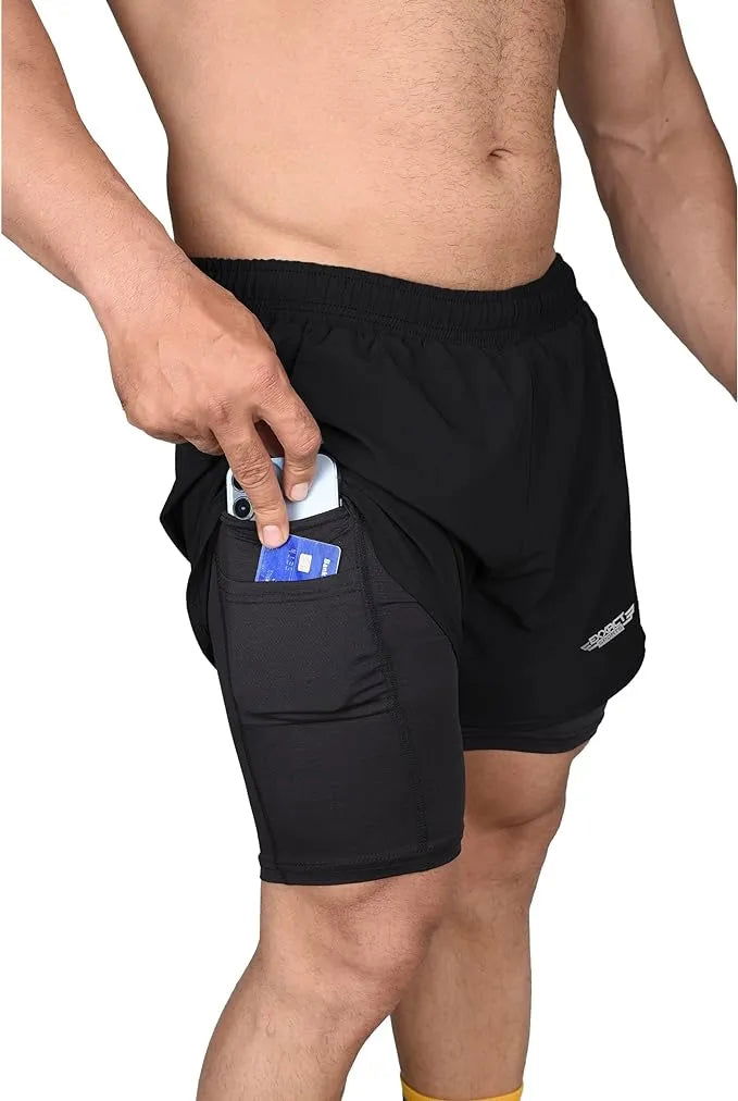 Exxact Sports Men’s 2 in 1 Athletic Shorts with Compression Liner - Black - Small