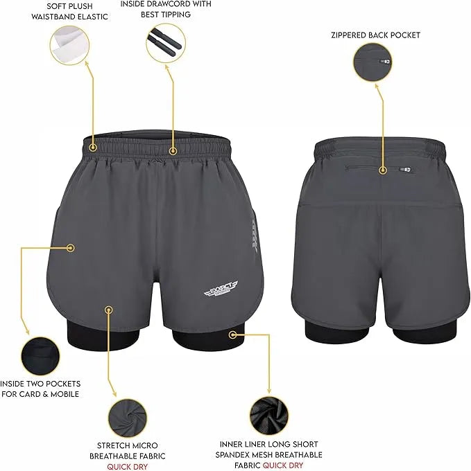 Exxact Sports Men’s 2 in 1 Athletic Shorts with Compression Liner - Charcoal