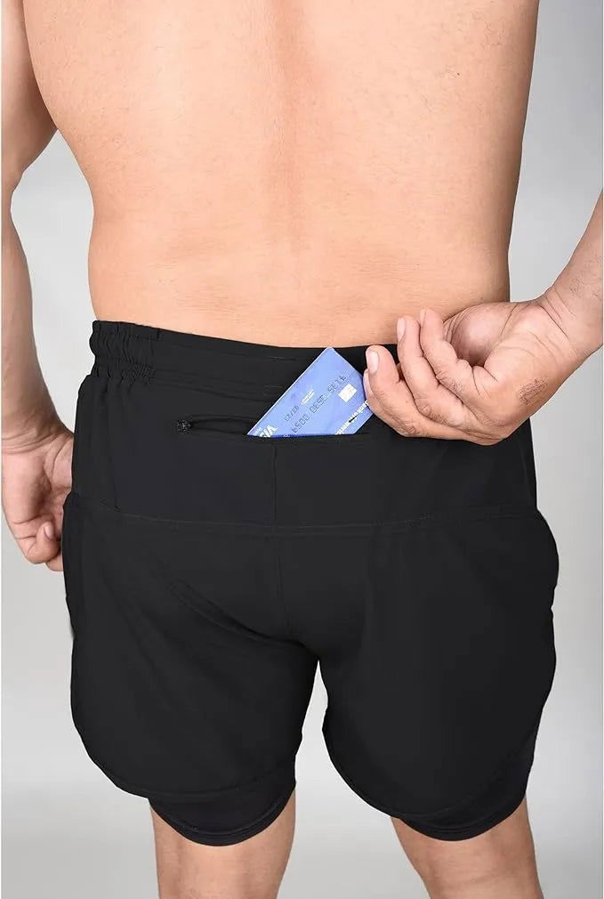 Exxact Sports Men’s 2 in 1 Athletic Shorts with Compression Liner - Black