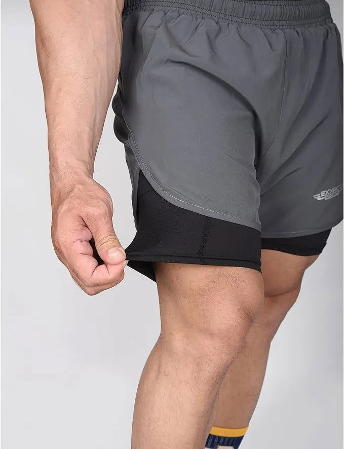 Exxact Sports Men’s 2 in 1 Athletic Shorts with Compression Liner - Charcoal