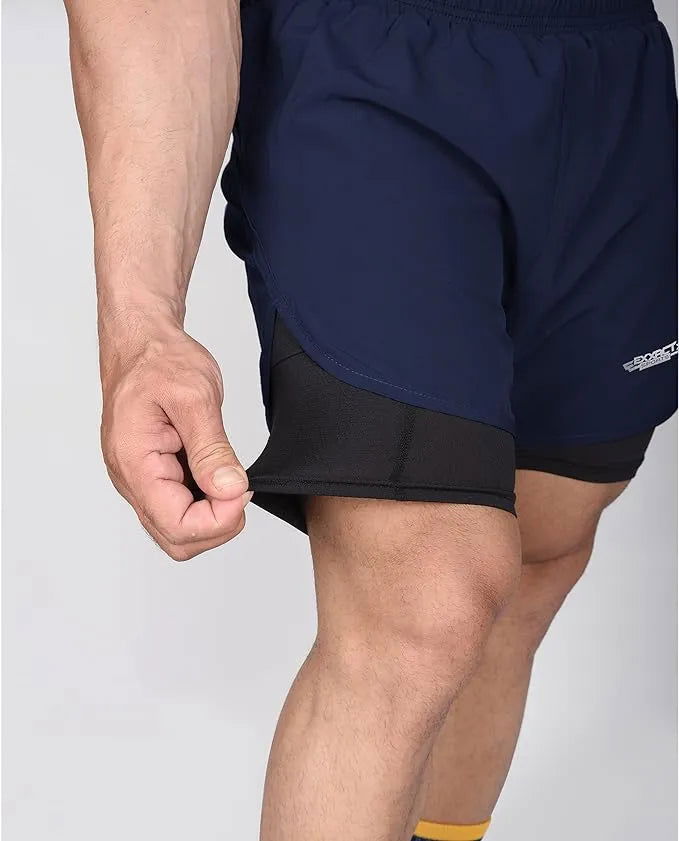 Exxact Sports Men’s 2 in 1 Athletic Shorts with Compression Liner - Navy - Small