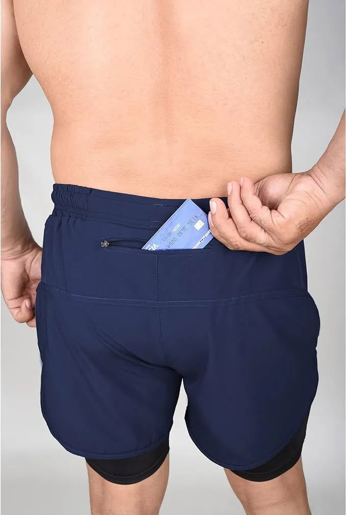 Exxact Sports Men’s 2 in 1 Athletic Shorts with Compression Liner - Navy
