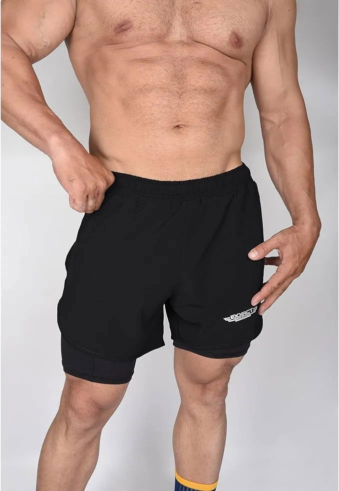 Exxact Sports Men’s 2 in 1 Athletic Shorts with Compression Liner - Black