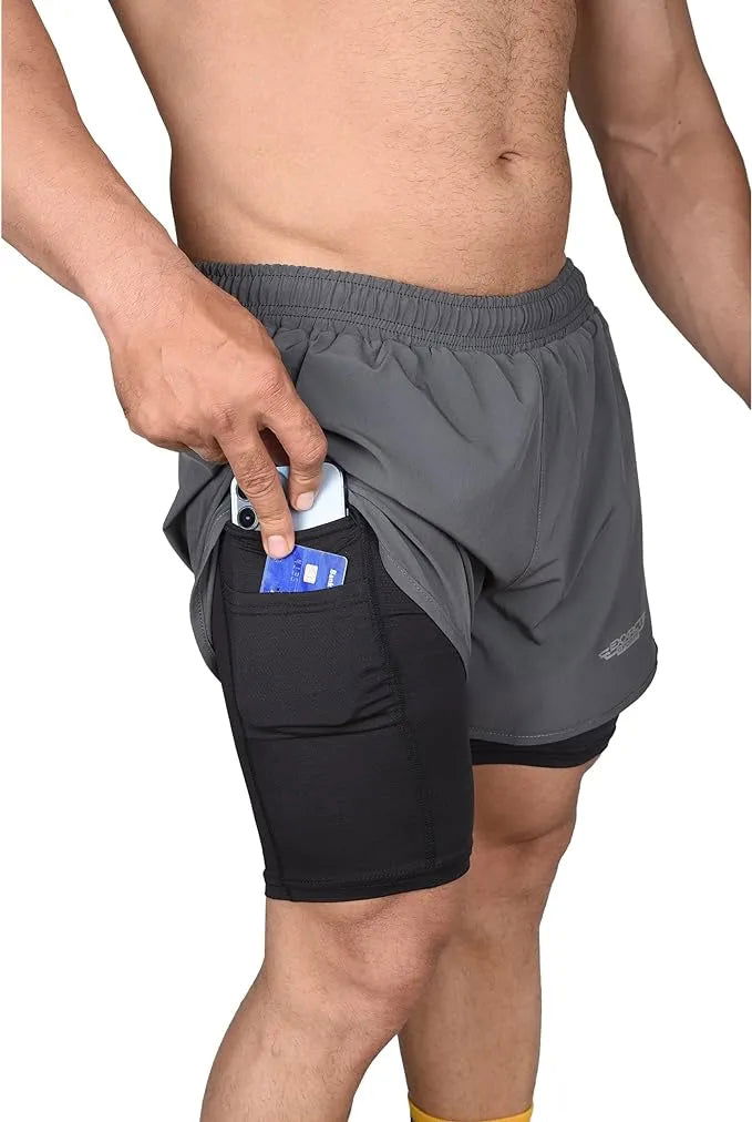 Exxact Sports Men’s 2 in 1 Athletic Shorts with Compression Liner - Charcoal - Small