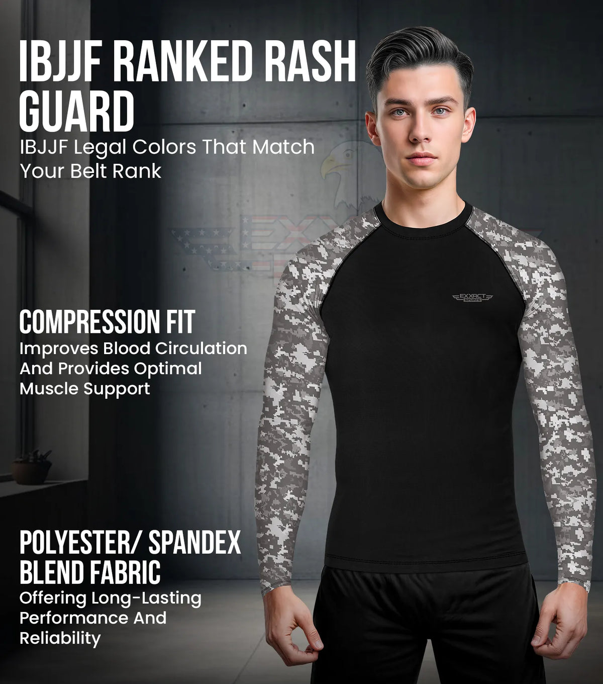 Exxact Sports Men’s Bjj Rash Guard Long Sleeve - Gray Camo