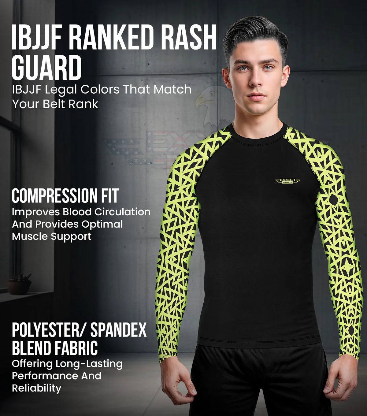 Exxact Sports Men’s Bjj Rash Guard Long Sleeve - Neon Green