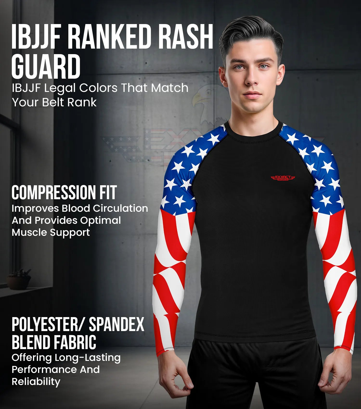 Exxact Sports Men’s Bjj Rash Guard Long Sleeve - Usa Flag