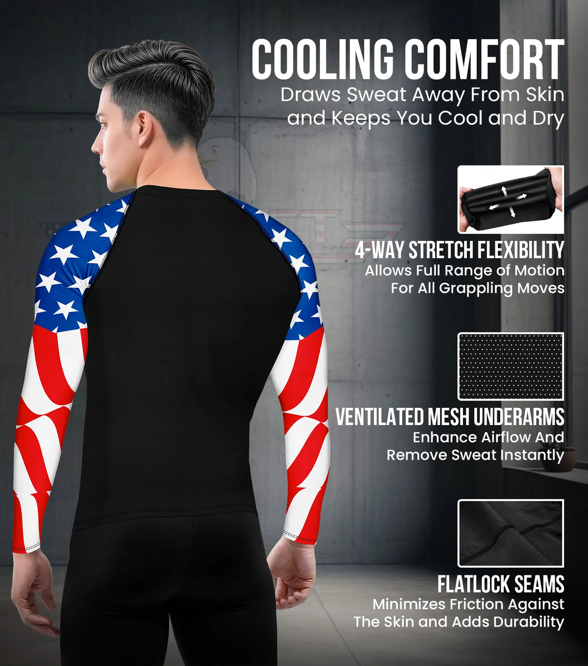 Exxact Sports Men’s Bjj Rash Guard Long Sleeve - Usa Flag