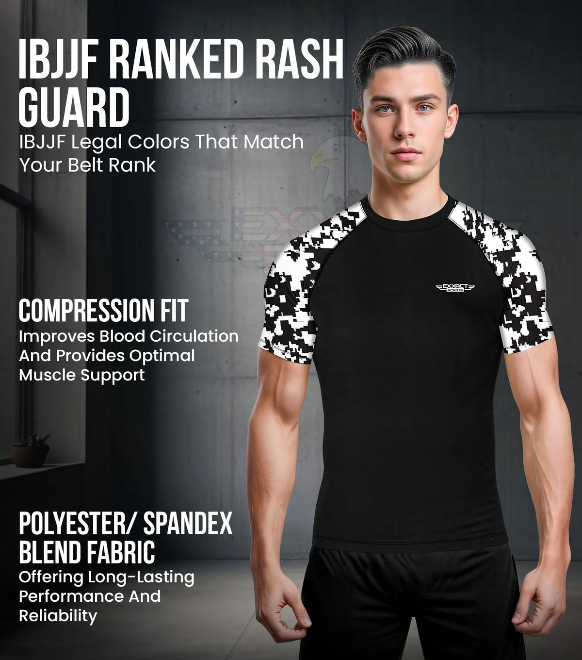 Exxact Sports Men’s Bjj Rash Guard Short Sleeve - Black White Camo