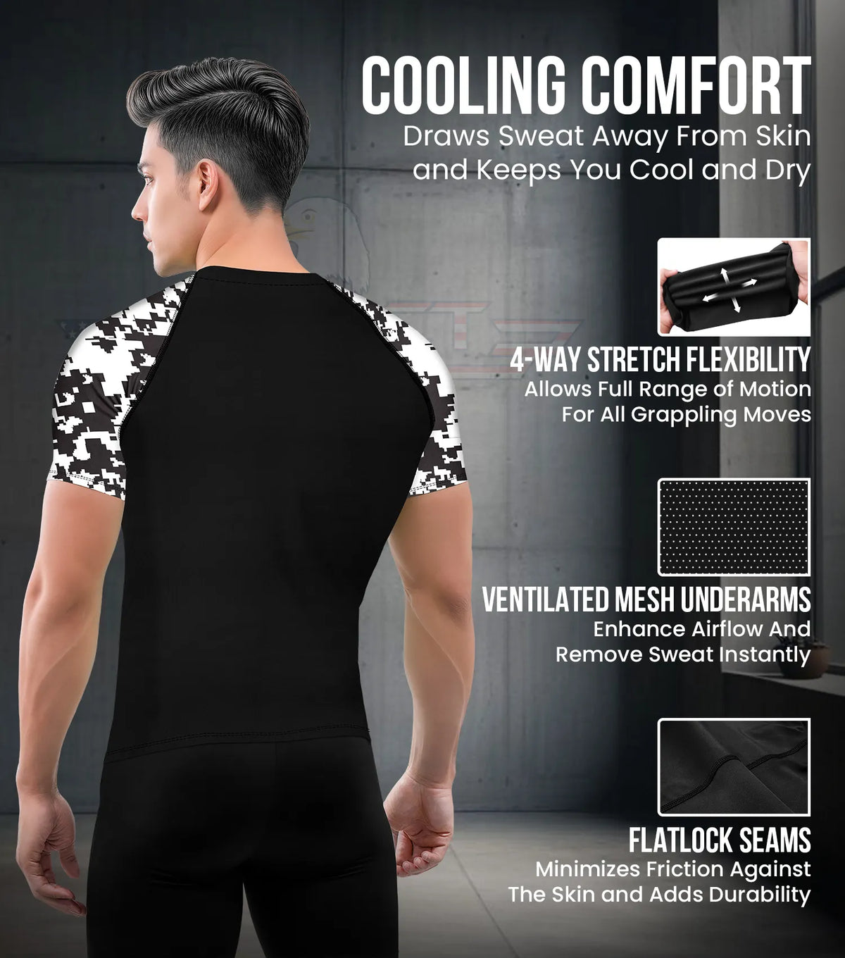 Exxact Sports Men’s Bjj Rash Guard Short Sleeve - Black White Camo