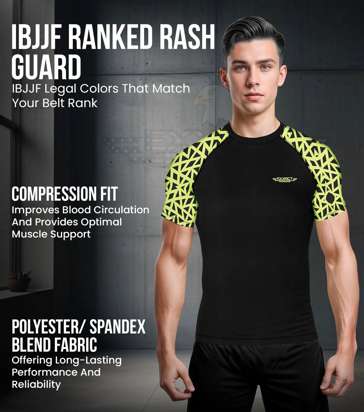 Exxact Sports Men’s Bjj Rash Guard Short Sleeve - Neon Green