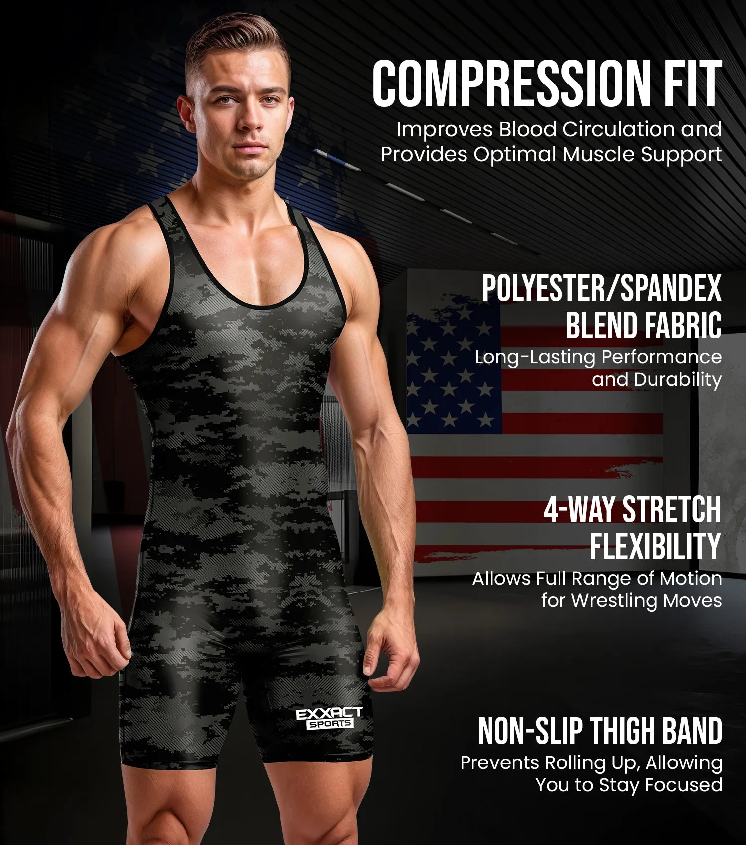 Exxact Sports Men’s Camouflage Wrestling Singlets - Black