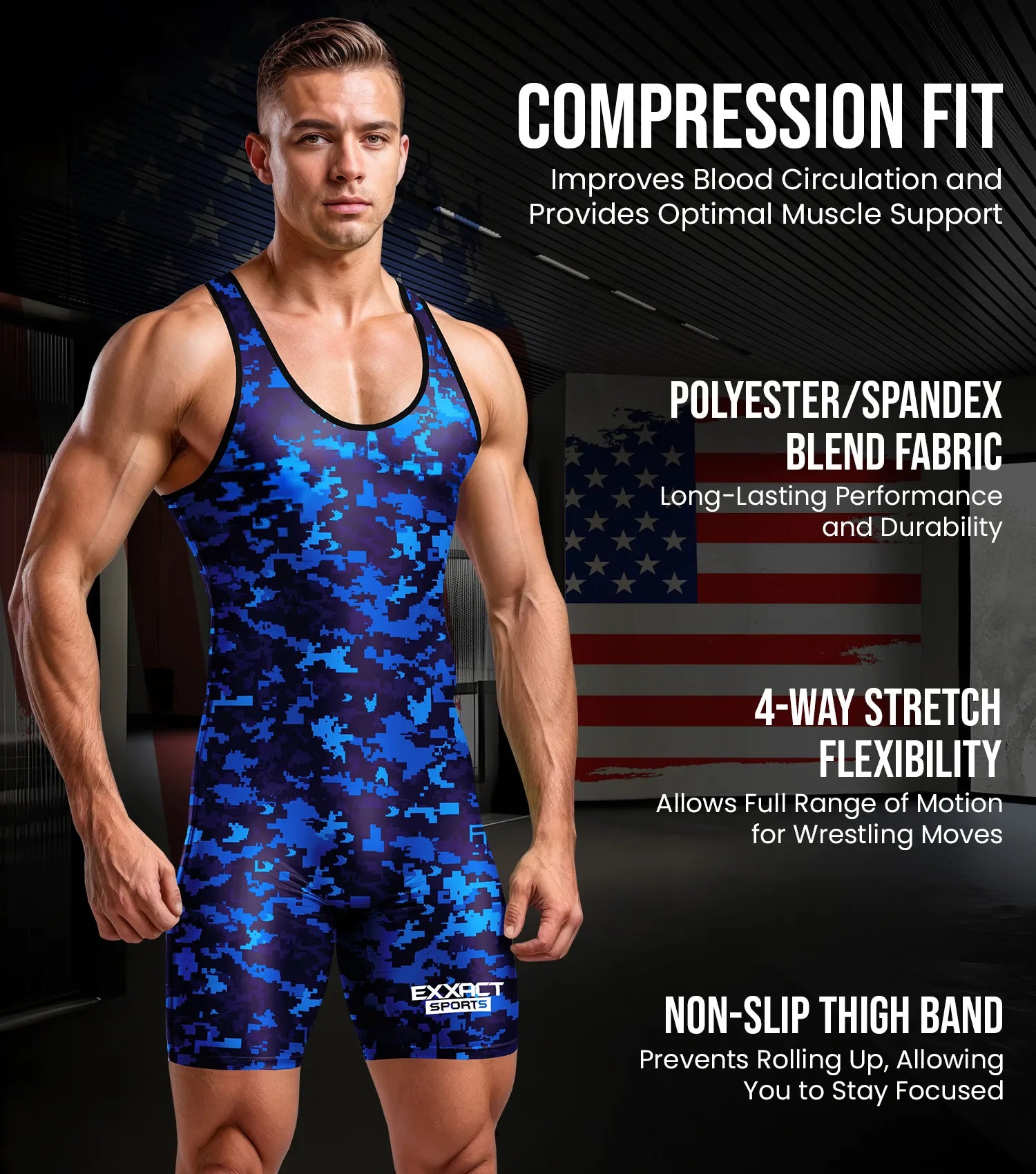 Exxact Sports Men’s Camouflage Wrestling Singlets - Blue Camo