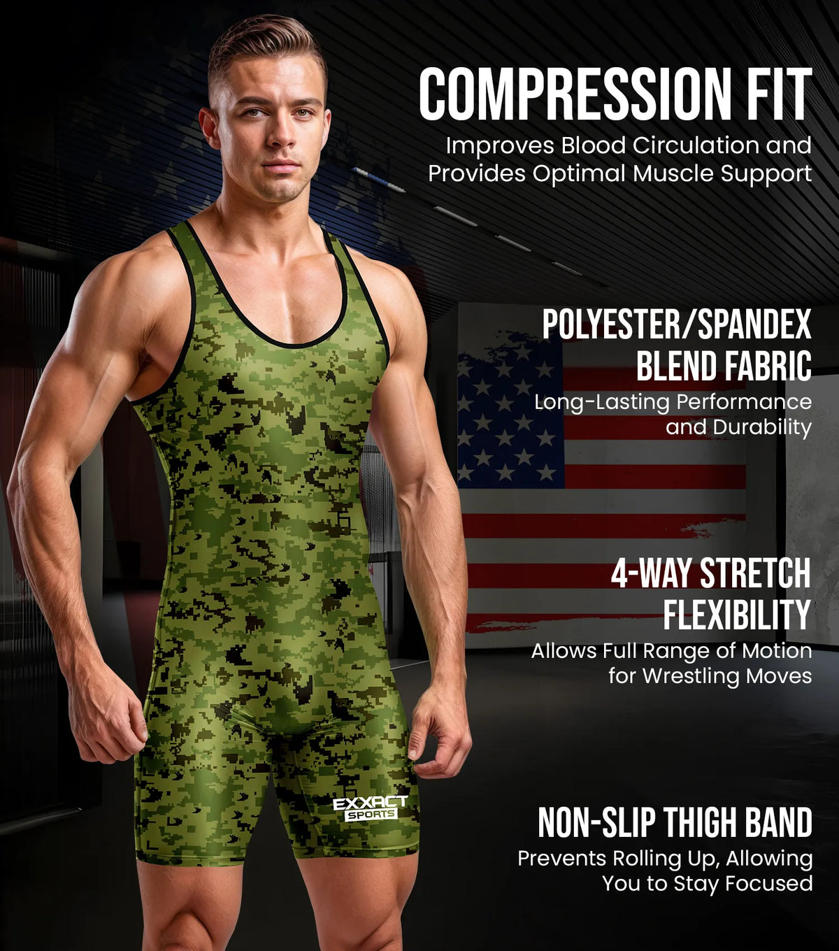 Exxact Sports Men’s Camouflage Wrestling Singlets - Green Camo