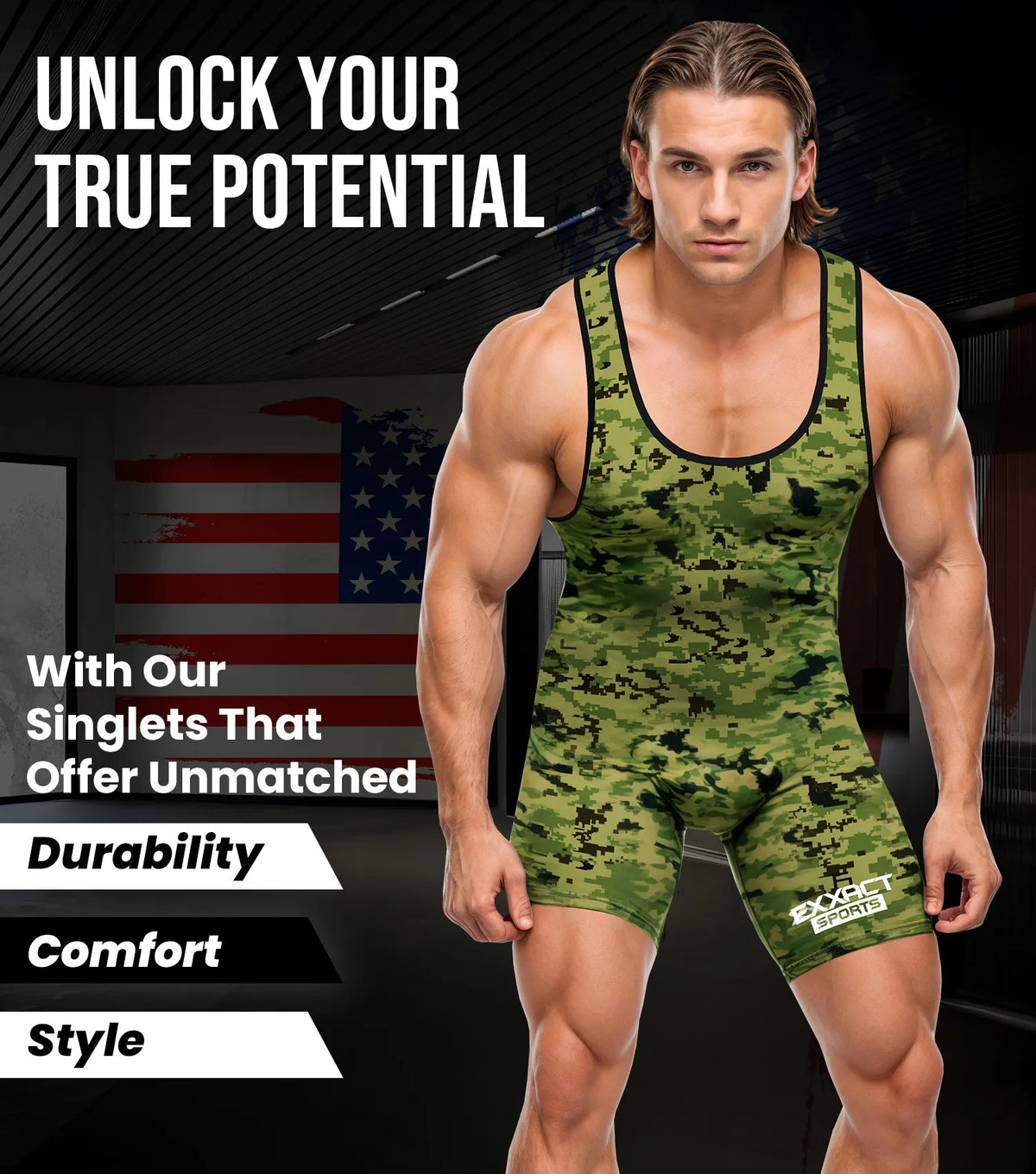 Exxact Sports Men’s Camouflage Wrestling Singlets - Green Camo
