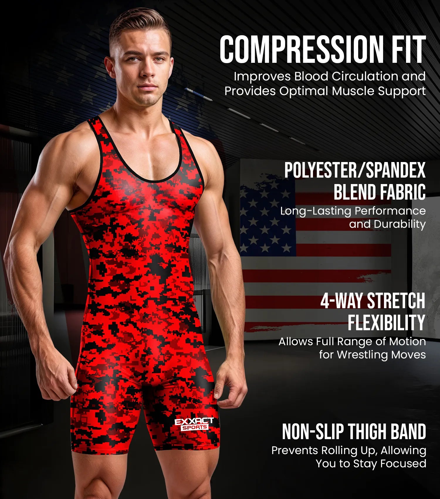 Exxact Sports Men’s Camouflage Wrestling Singlets - Red Camo