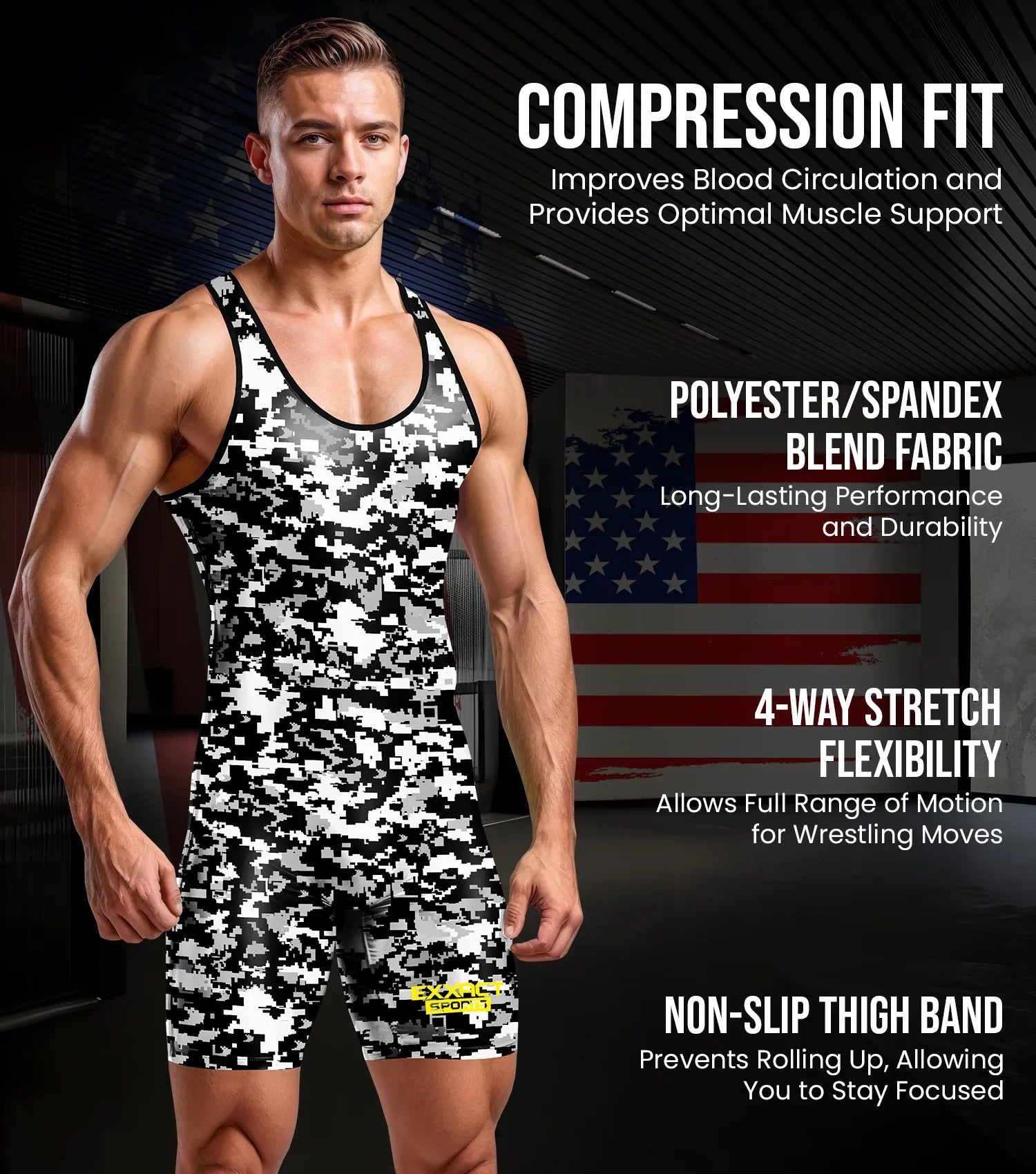 Exxact Sports Men’s Camouflage Wrestling Singlets - White Black Camo