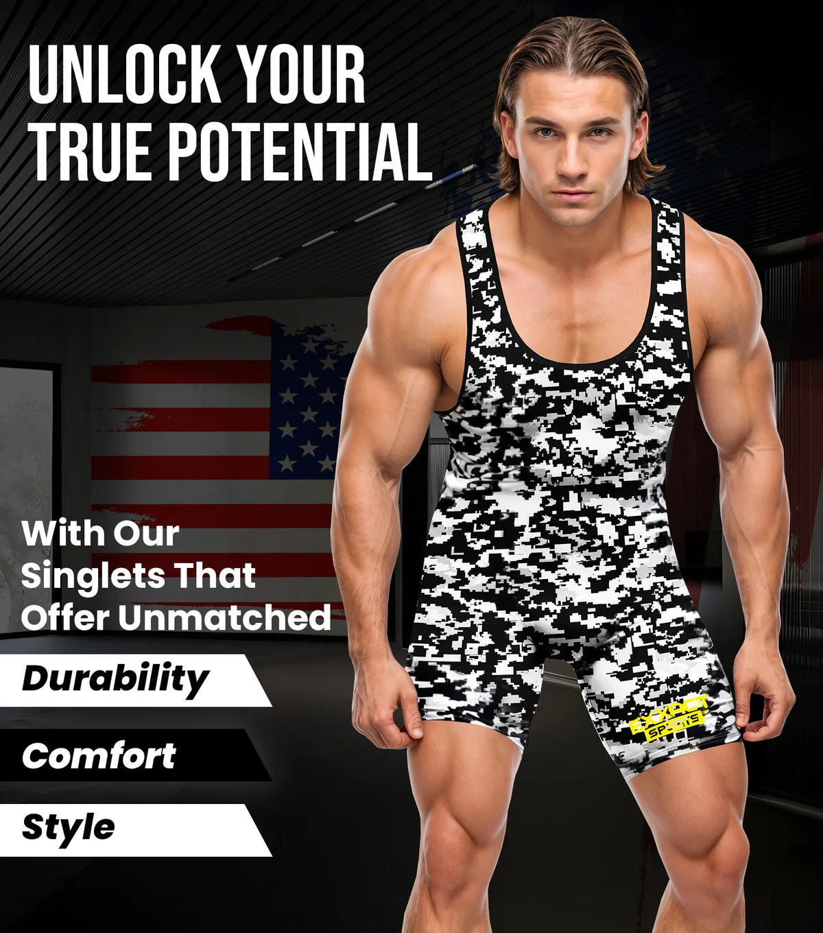 Exxact Sports Men’s Camouflage Wrestling Singlets - White Black Camo