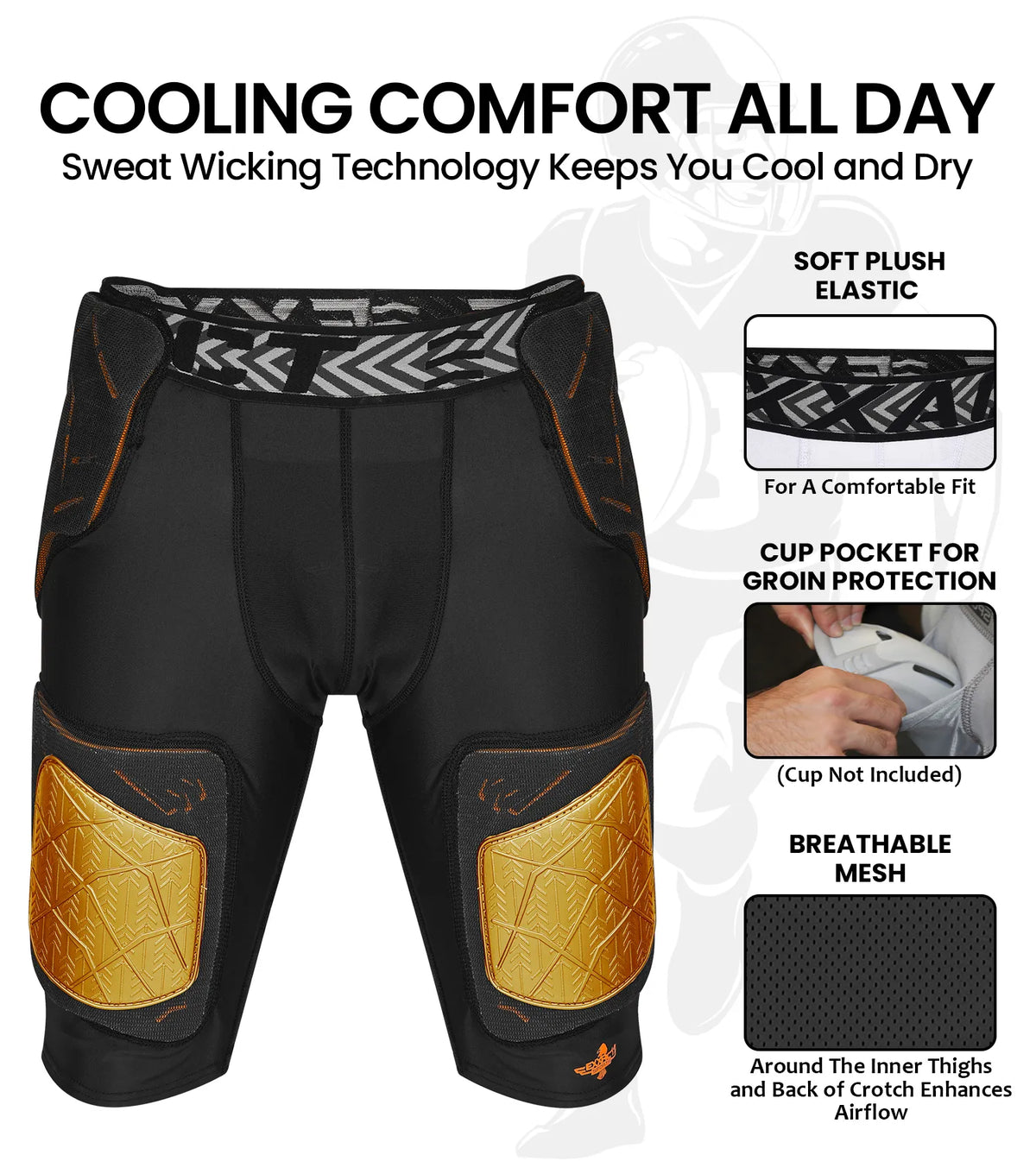 Exxact Sports Men’s Gladiator 5-pad Football Girdle with Cup Pocket - Black Gold